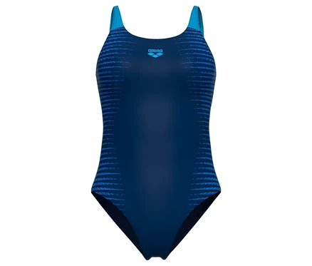 Maillot de bain bleu marine avec bretelles bleues et bandes décoratives sur les côtés.