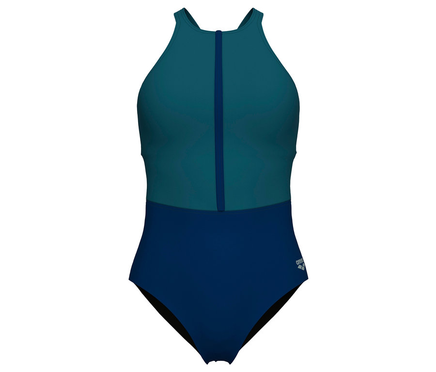 Maillot de bain, haut en vert pétrole, bas en bleu marine.