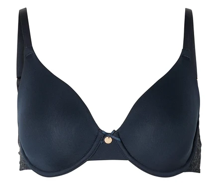 Soutien-gorge bleu marine à armatures avec dentelle sur les côtés.