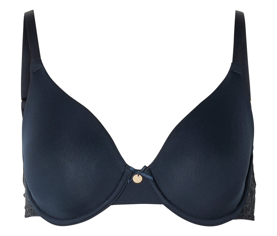 Soutien-gorge bleu marine à armatures avec dentelle sur les côtés.