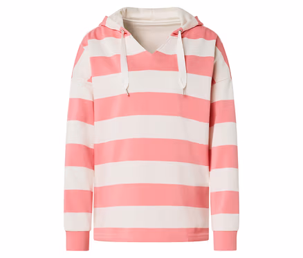 Sweat à capuche rayé rose et blanc à manches longues.