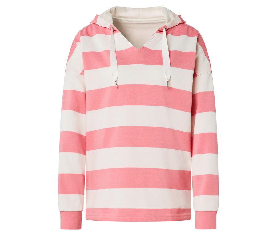 Sweat à capuche rayé rose et blanc à manches longues.