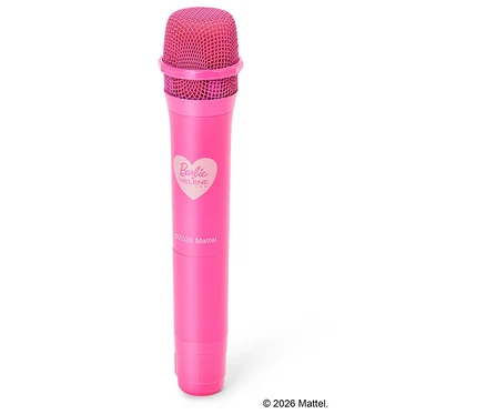 Un microphone Barbie rose sur fond blanc.