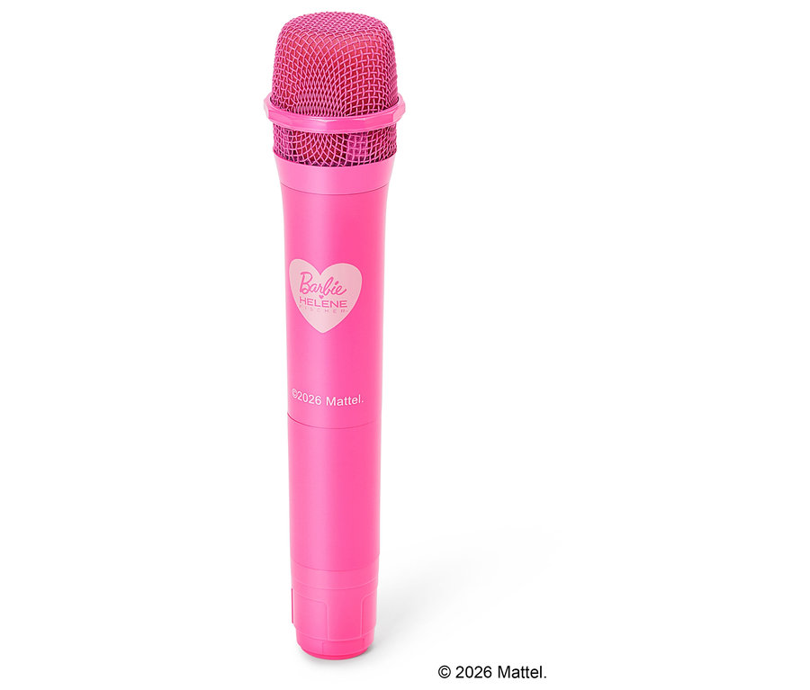 Un microphone Barbie rose sur fond blanc.