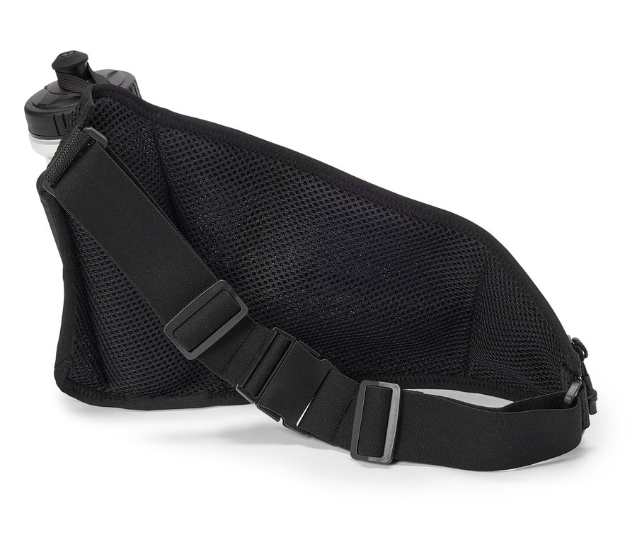 Sac banane noir avec une sangle réglable et une bouteille d'eau dans le support.