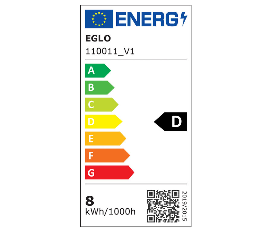 L'étiquette énergétique EGLO 110011_V1 indique la classe d'efficacité énergétique D et une consommation de 8 kWh/1000h.