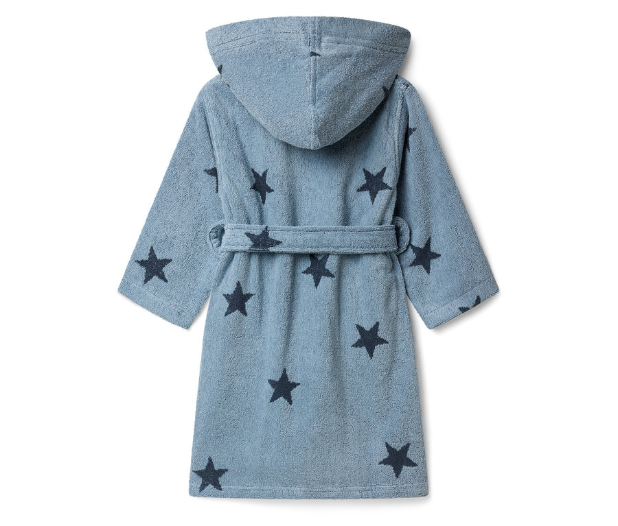 Vue arrière d'un peignoir bleu clair à capuche avec des étoiles bleu marine.