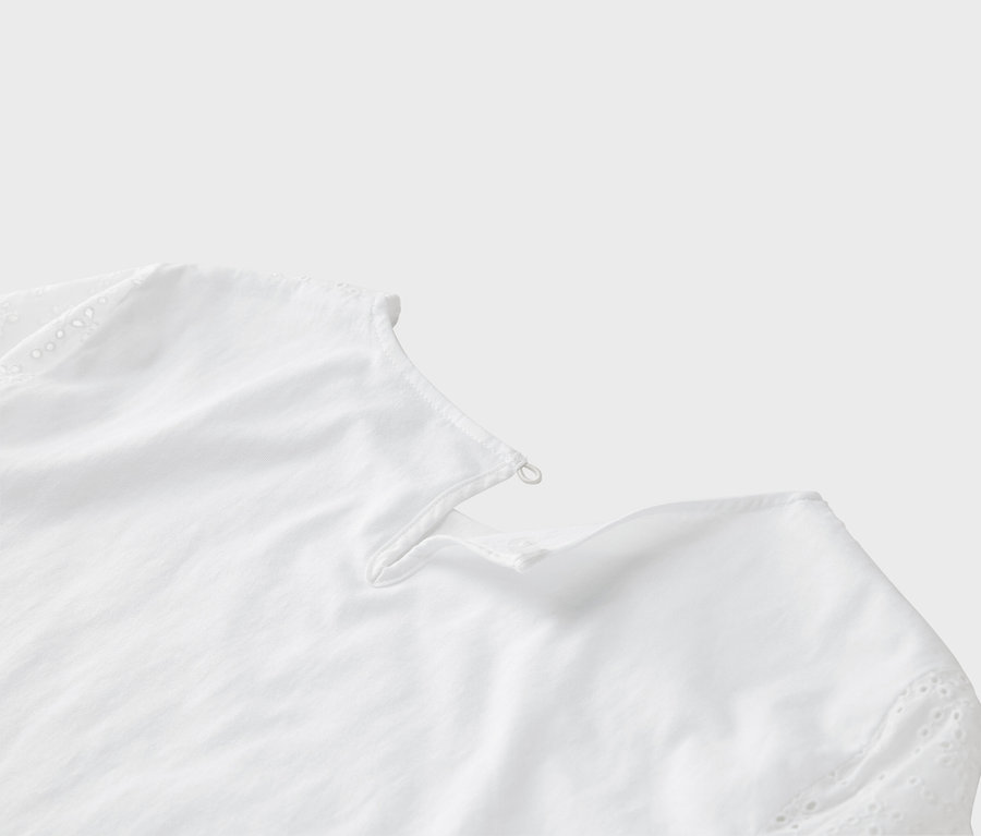 Gros plan sur un chemisier blanc avec des broderies anglaises sur la manche.