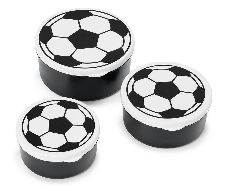 Trois boîtes noires avec motif de ballon de football sur couvercles blancs.