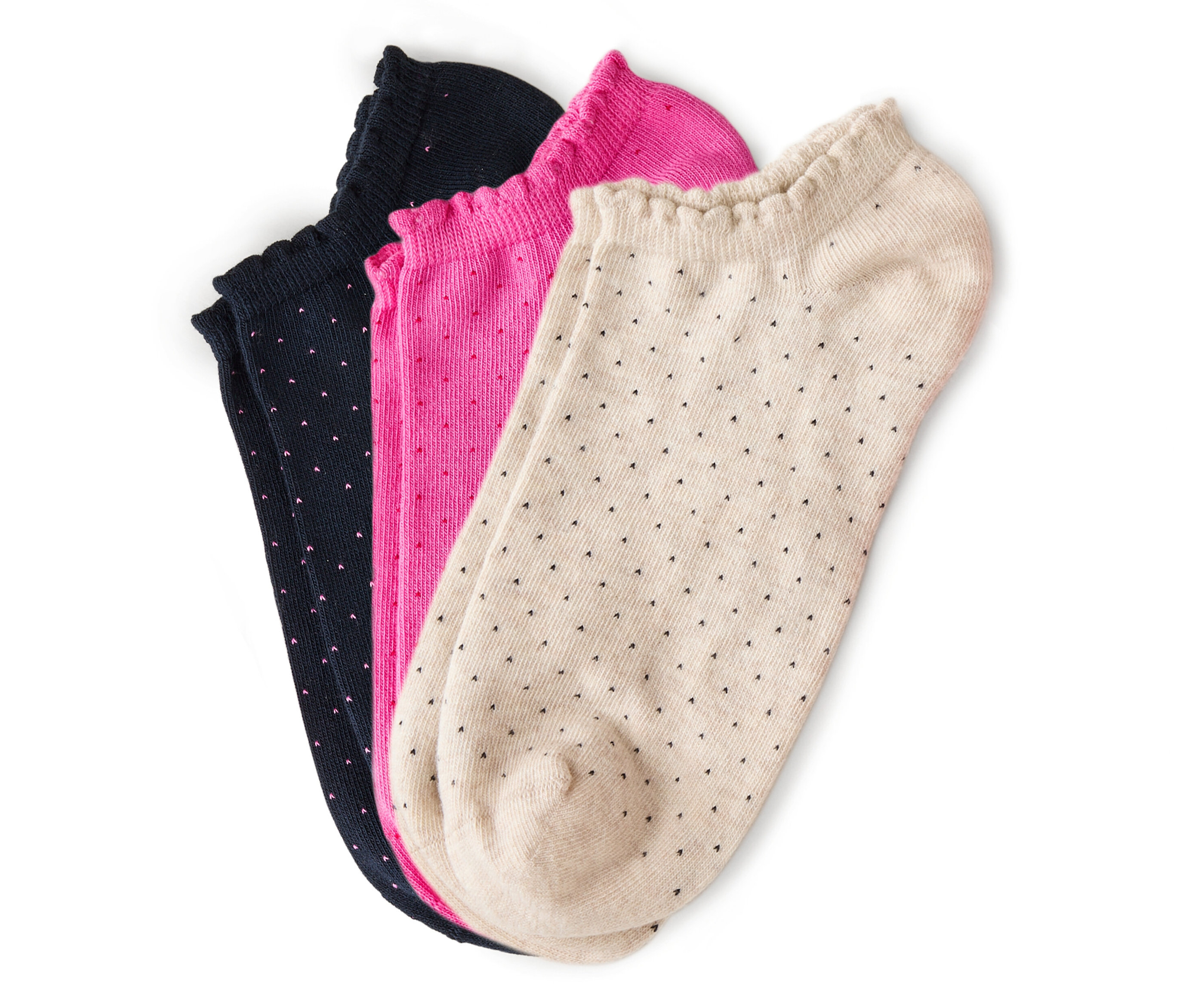 Trois paires de chaussettes, bleu marine, rose et beige avec de petits points, sont superposées.