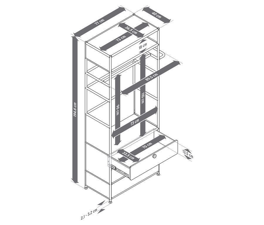Vue de dessus d'une garde-robe en métal « CN3 » avec tringle et 3 tiroirs avec dimensions.