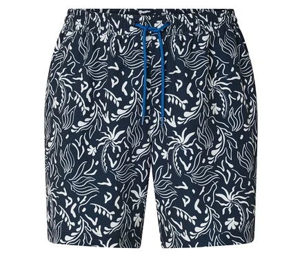Gros plan sur un short de bain avec cordon de serrage bleu et motif floral blanc.