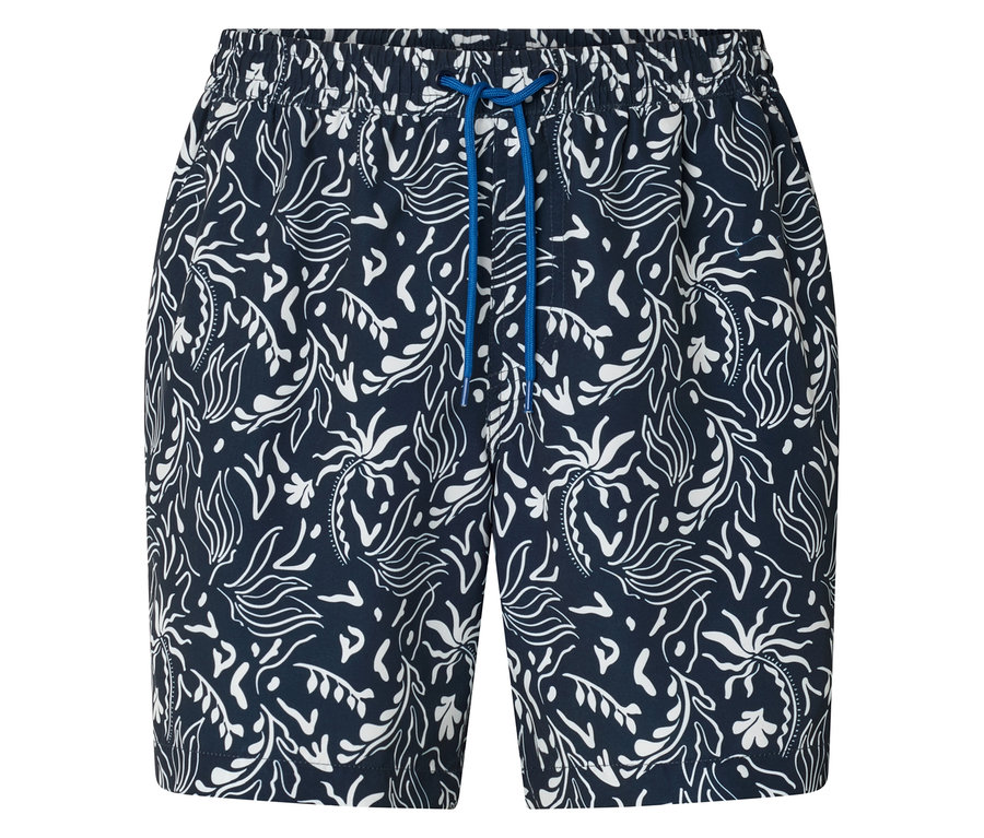 Gros plan sur un short de bain avec cordon de serrage bleu et motif floral blanc.