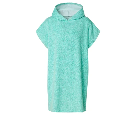 Un poncho de bain menthe à motifs avec capuche posé sur un fond blanc.