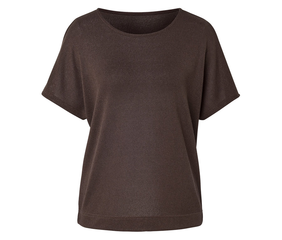 Haut en tricot marron à manches courtes et encolure ras du cou.