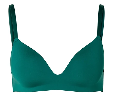 Soutien-gorge vert à fines bretelles sur fond blanc.