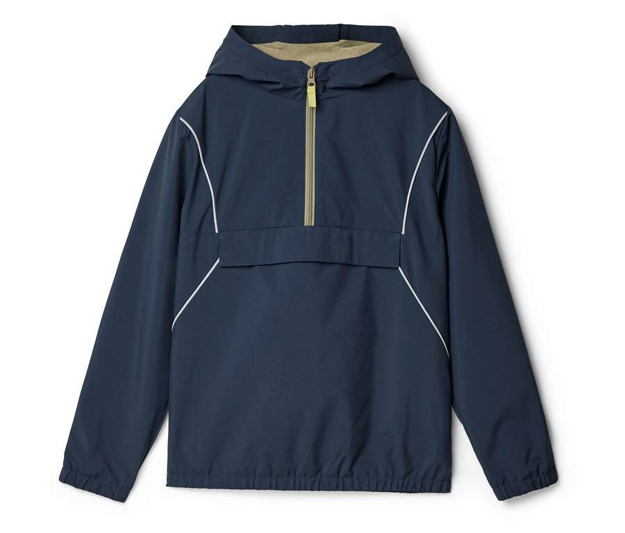 Veste à capuche bleu marine avec demi-fermeture éclair et détails blancs posée sur un fond blanc.