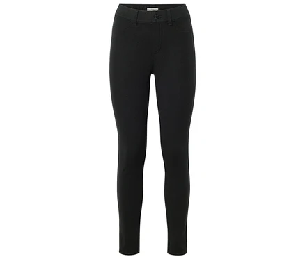 Pantalon noir moulant avec fausses poches et fermeture boutonnée.