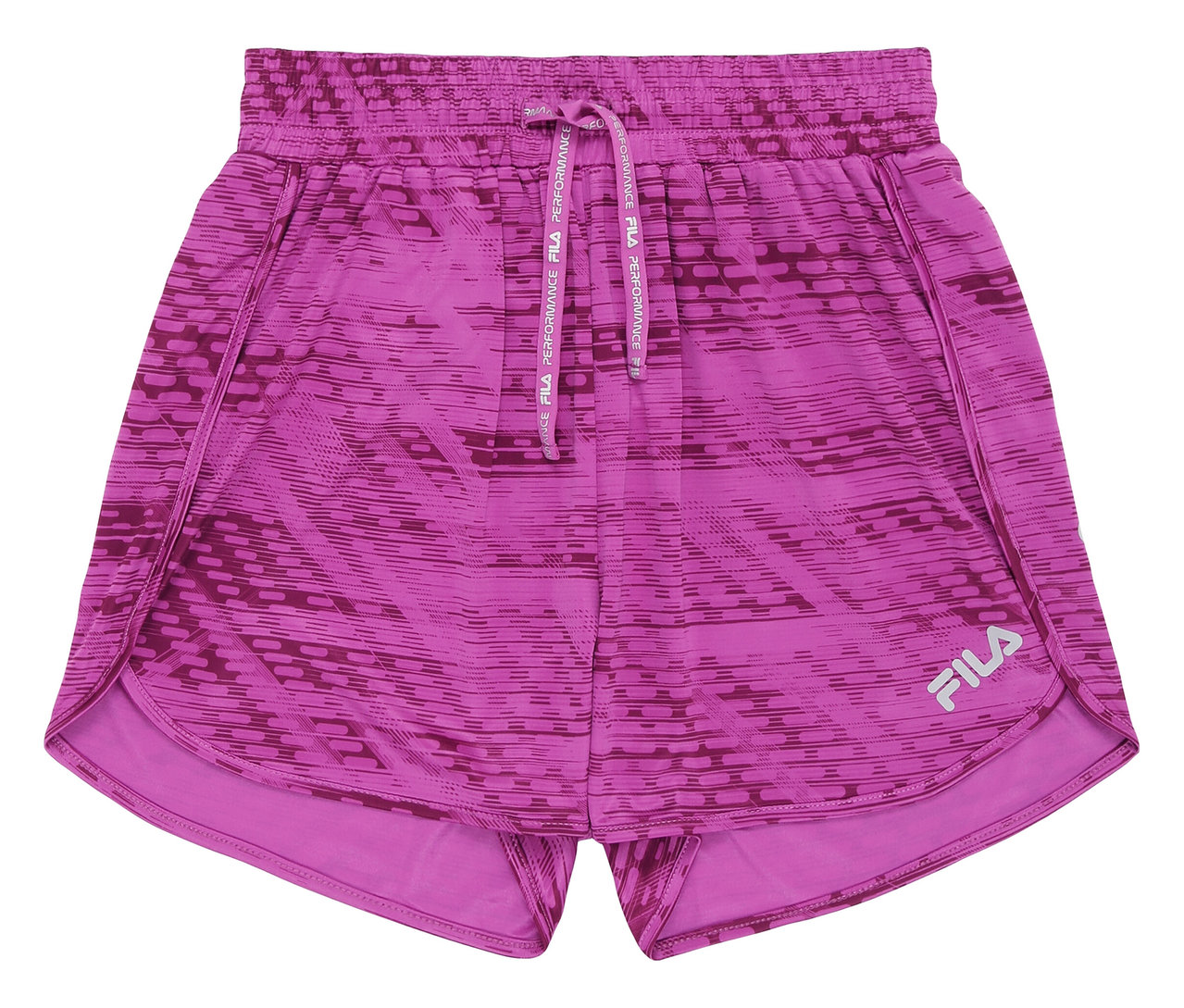Gros plan sur un short de sport rose FILA pour femmes avec un motif abstrait.