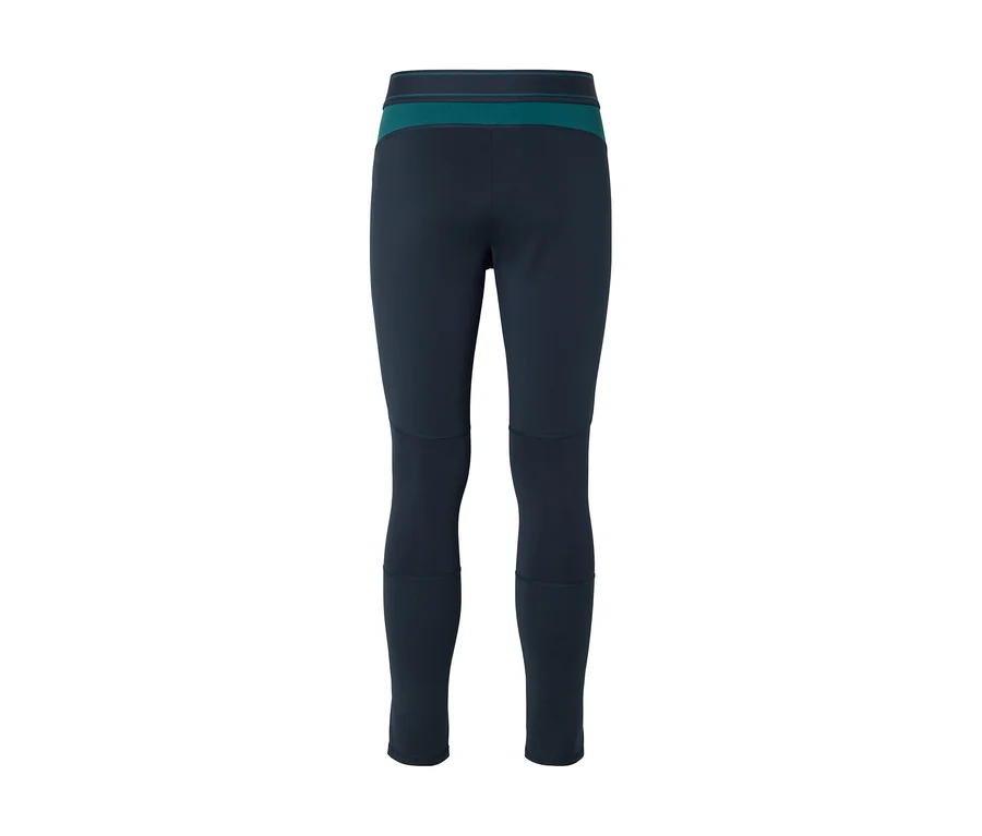 Legging bleu foncé avec une ceinture turquoise et des empiècements aux genoux, vue de dos.