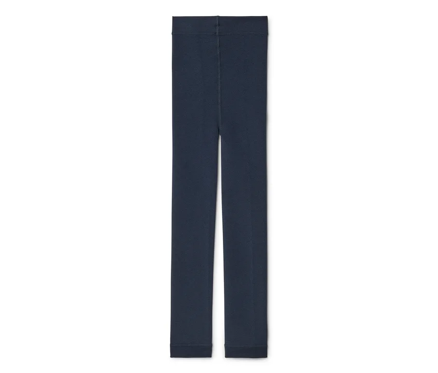 Legging bleu foncé, posé à plat sur un fond blanc.