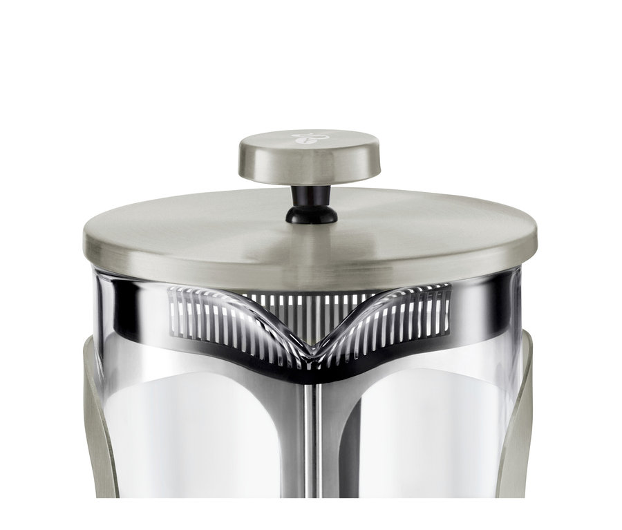Détail d'une cafetière à piston argentée de 800 ml pour 6 tasses.
