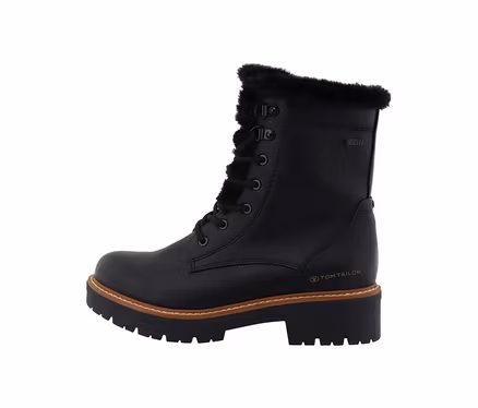 Botte montante noire Tom Tailor à lacets avec une bordure en fausse fourrure et une semelle crantée épaisse à bande marron.