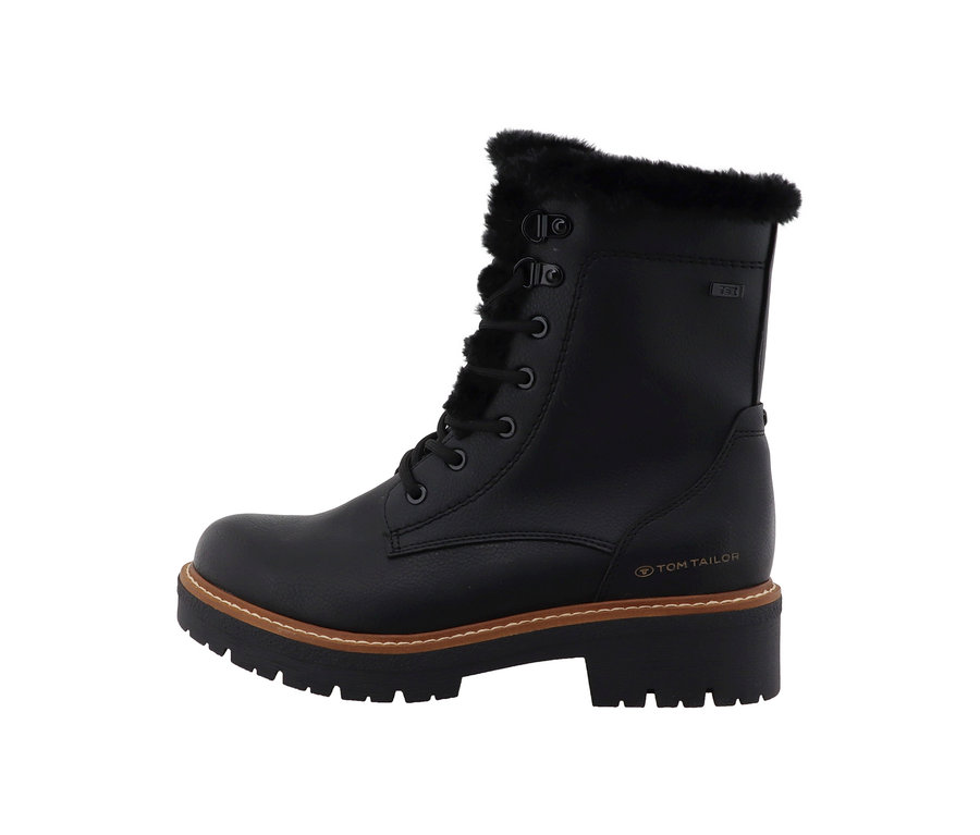 Botte montante noire Tom Tailor à lacets avec une bordure en fausse fourrure et une semelle crantée épaisse à bande marron.
