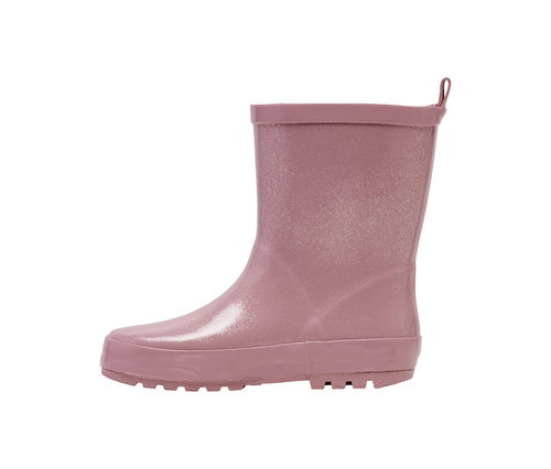 Une botte en caoutchouc hummel® rose pailletée, vue de côté, avec une semelle crantée et une tirette.