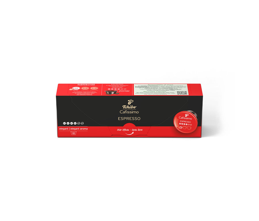 Boîte noire de 10 capsules Cafissimo Espresso elegant de Tchibo avec des détails rouges, sur fond blanc.