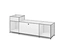 Meuble modulaire blanc avec cadre chromé. Il comporte en haut à gauche un compartiment ouvert aux côtés perforés, en dessous une étagère ouverte, au centre un meuble fermé avec une poignée ronde et à droite une autre étagère ouverte. L'unité repose sur de petits pieds noirs.