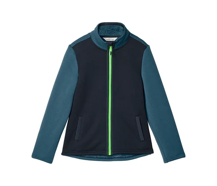 Veste polaire bleu marine avec manches bleu pétrole et fermeture éclair vert fluo, col montant et deux poches.