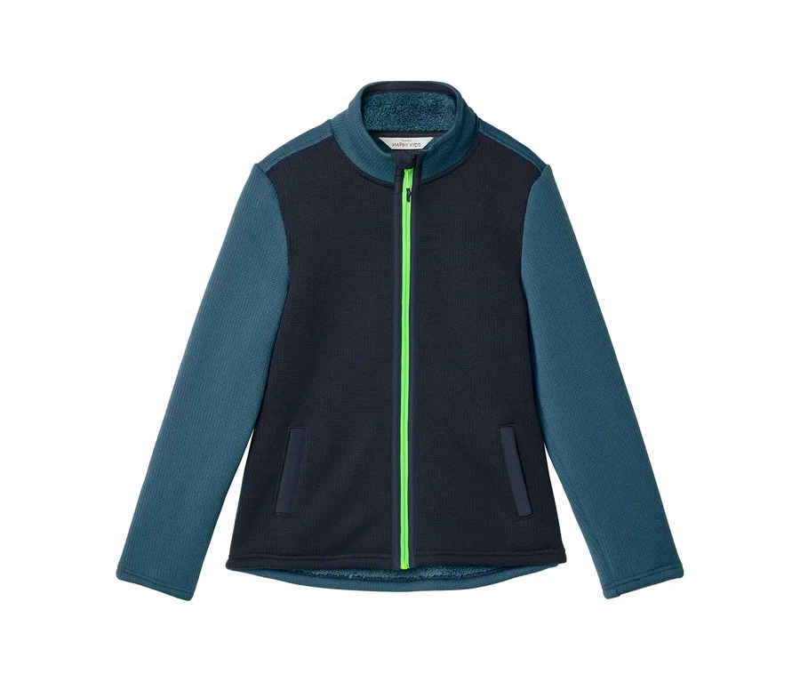 Veste polaire bleu marine avec manches bleu pétrole et fermeture éclair vert fluo, col montant et deux poches.