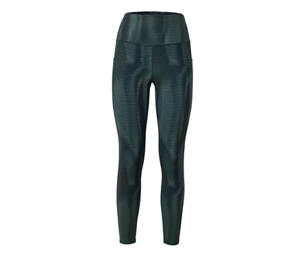 Legging vert foncé à rayures horizontales et taille haute, sur fond blanc.