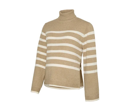 Pull à col roulé beige avec des rayures horizontales blanches, sur fond blanc.