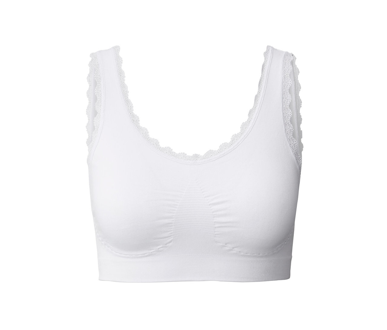 Brassière « Seamless » blanche avec bordure en dentelle.