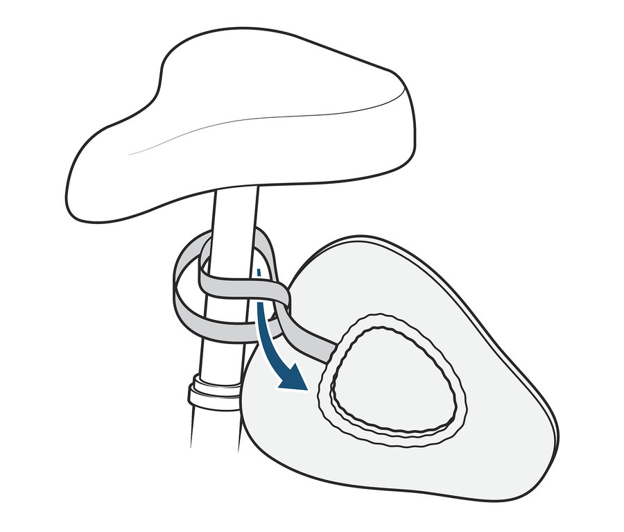 Un dessin d'une housse de selle de vélo fixée à une selle.