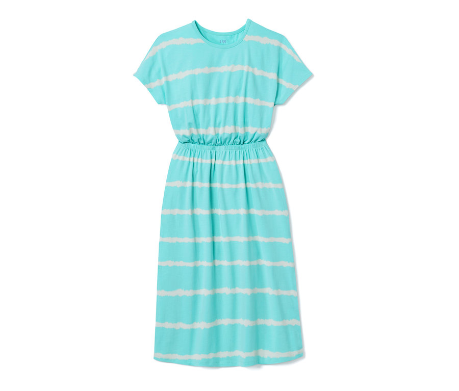 Robe en jersey bleue avec rayures blanches.