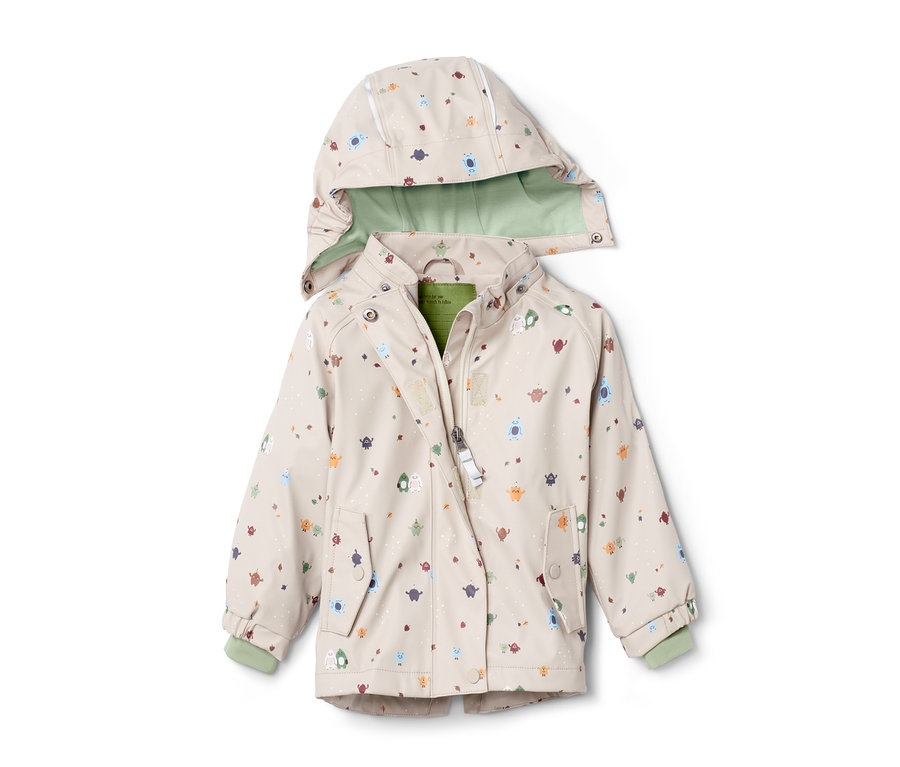 Veste de pluie thermique « ciré » beige avec capuche et imprimé de figures.