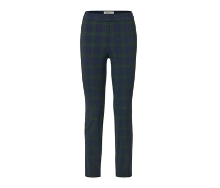 Pantalon stretch à carreaux verts et bleus.