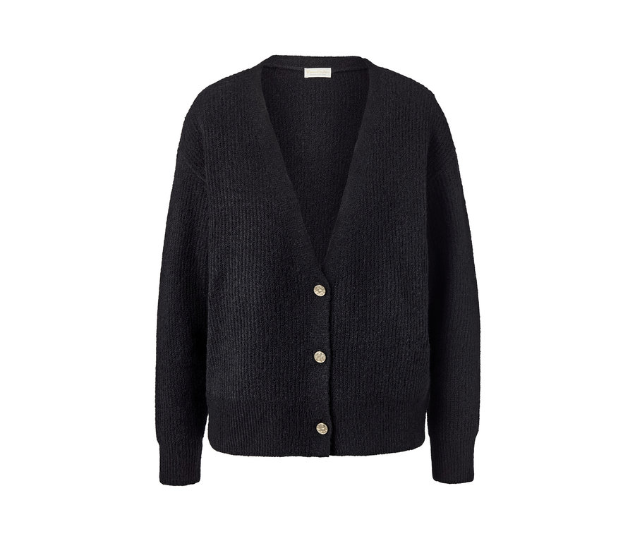 Cardigan noir en grosse maille avec des boutons.