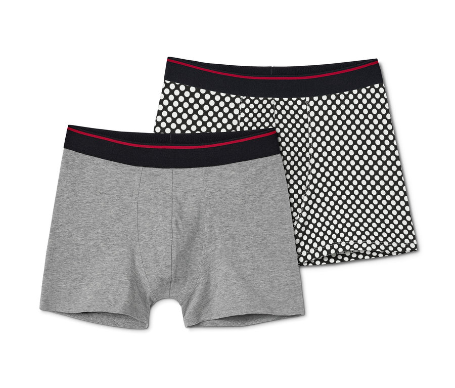 Deux boxers, un gris, un avec imprimé intégral.
