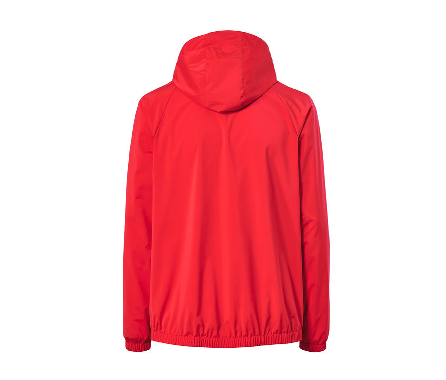 Vue arrière d'une veste coupe-vent rouge.