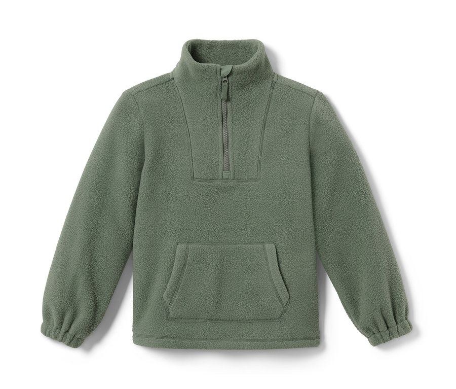 Sweat-shirt en polaire douce vert olive avec une courte fermeture éclair et une poche kangourou.