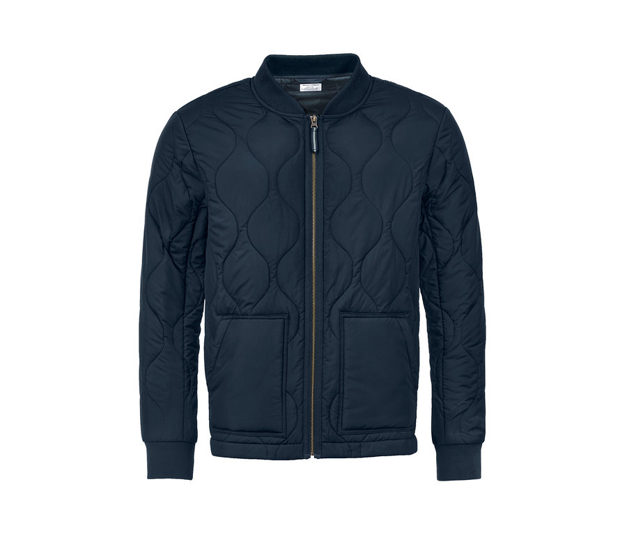 Veste matelassée bleu marine à manches longues avec fermeture éclair au centre.