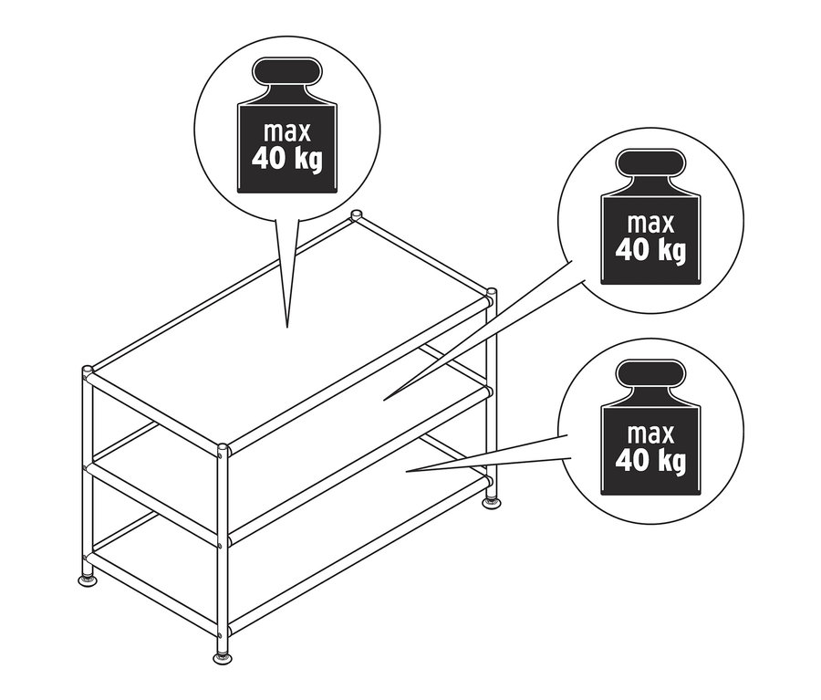 Schéma d'une table basse en métal CN3 avec trois étagères et une capacité de charge maximale de 40 kg.