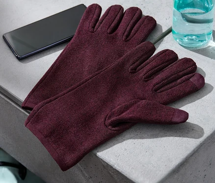 Sur une surface grise se trouvent des gants en maille polaire, un téléphone portable et une bouteille d'eau.
