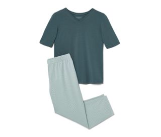 Haut pétrole, pantalon aqua avec imprimé intégral