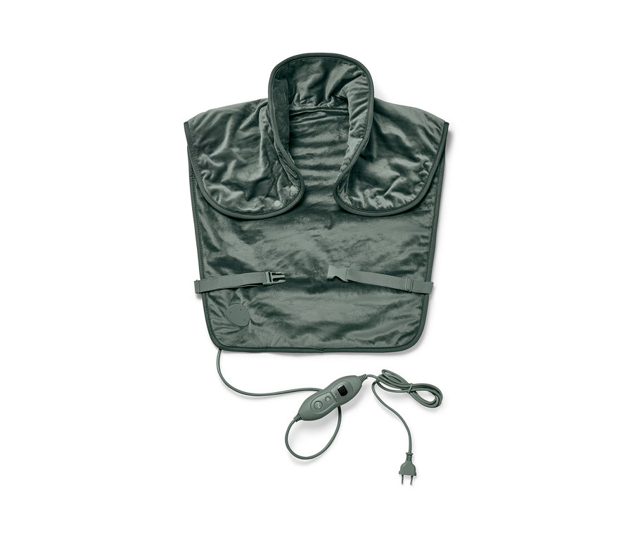 Coussin chauffant dorsal vert foncé avec sangles et panneau de commande.