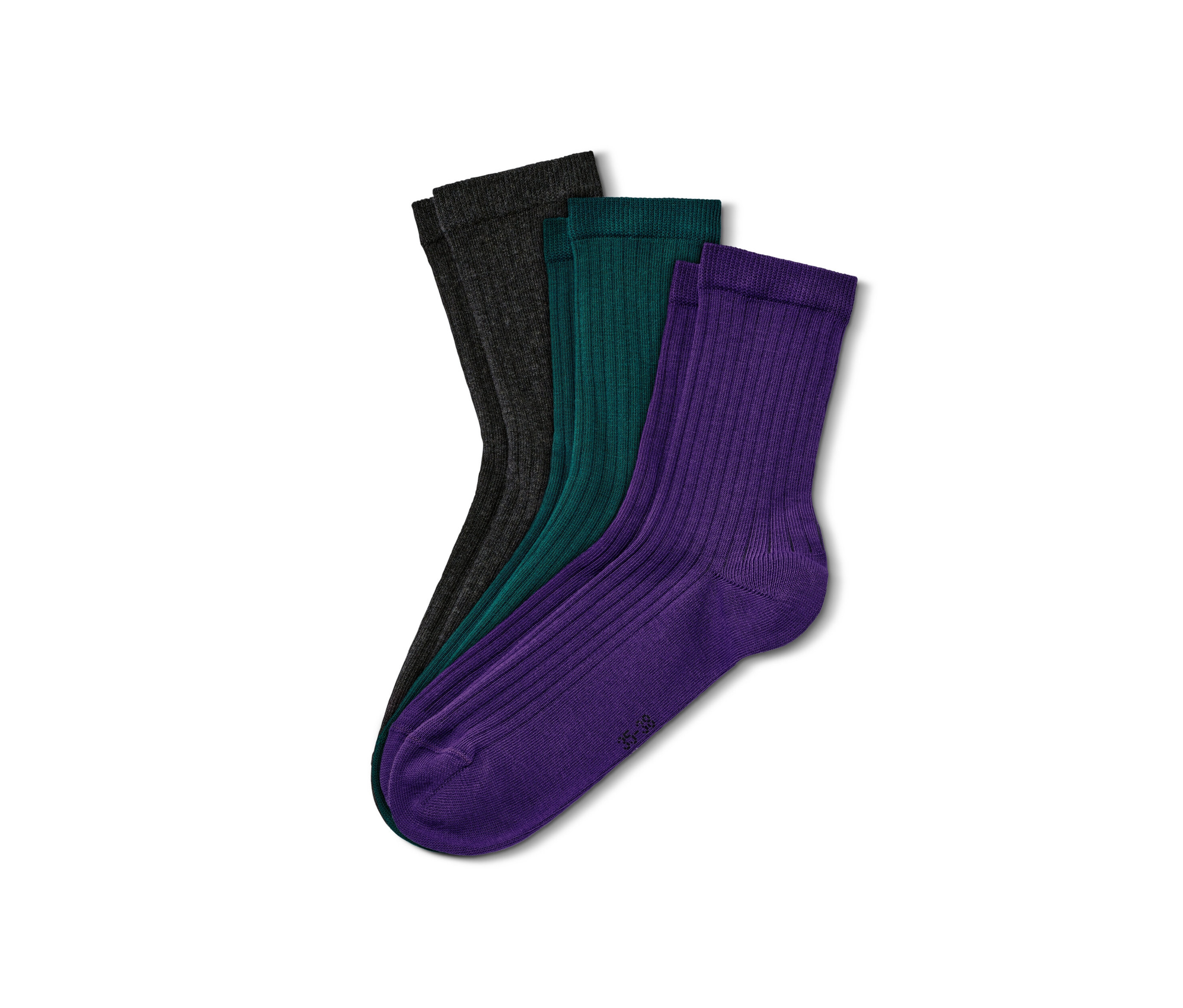 Trois paires de chaussettes côtelées en anthracite, vert et violet.